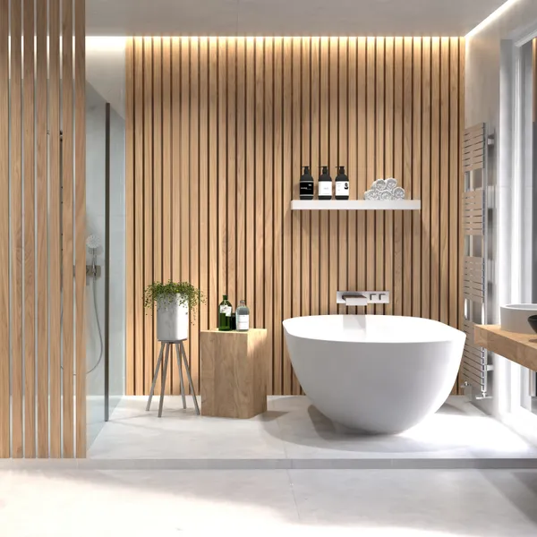 Modernes Badezimmer mit freistehender Badewanne, Holzlamellen und Doppelwaschtisch