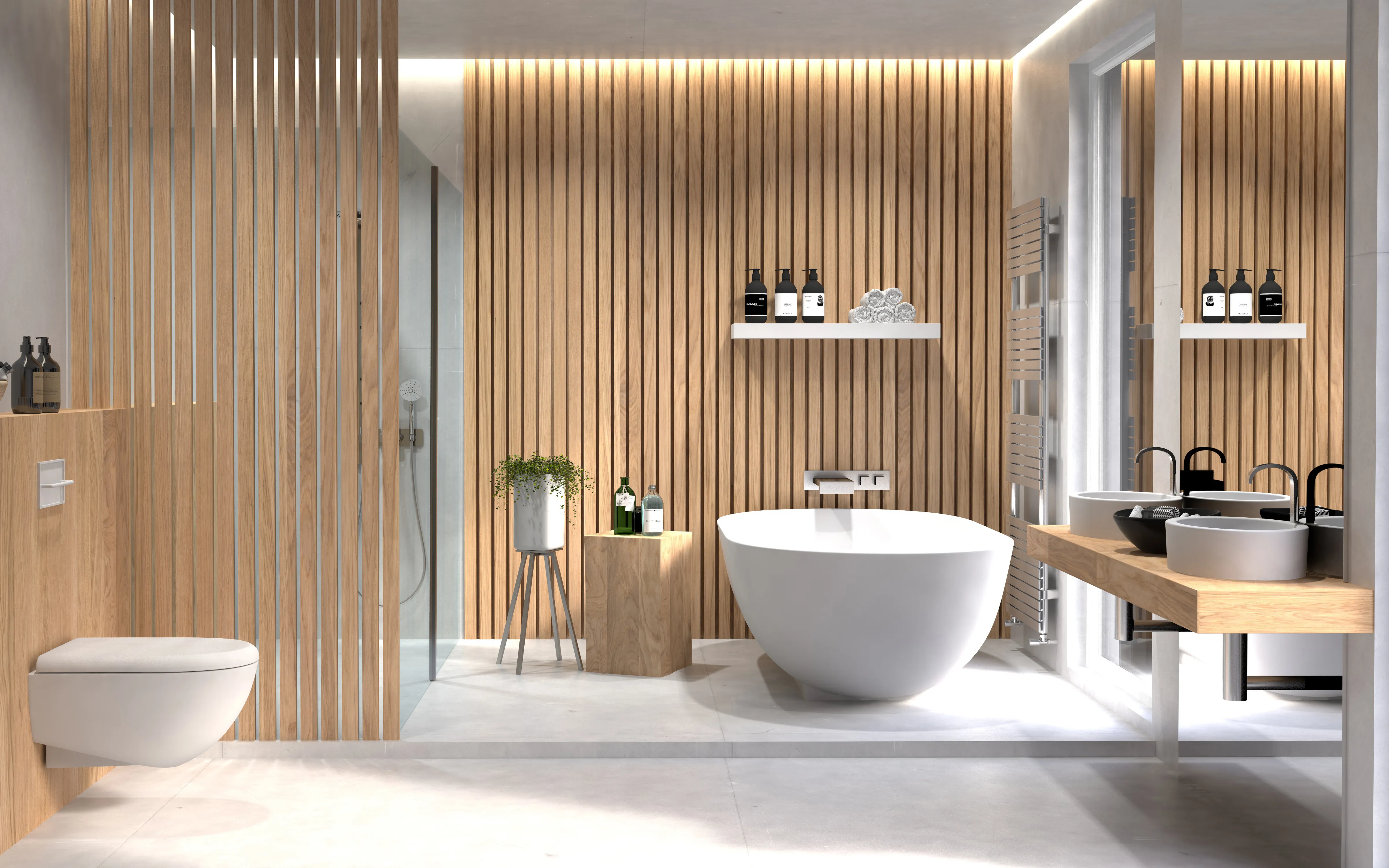 Modernes Badezimmer mit freistehender Badewanne, Holzlamellen und Doppelwaschtisch
