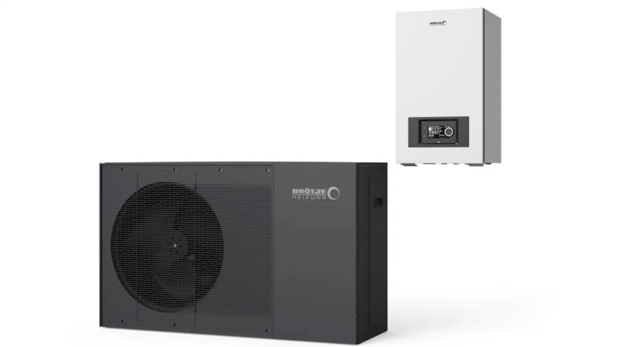 Außeneinheit der Wärmepumpe BRÖTJE BLW Eco.2 mit zugehöriger Inneneinheit für die Wandmontage