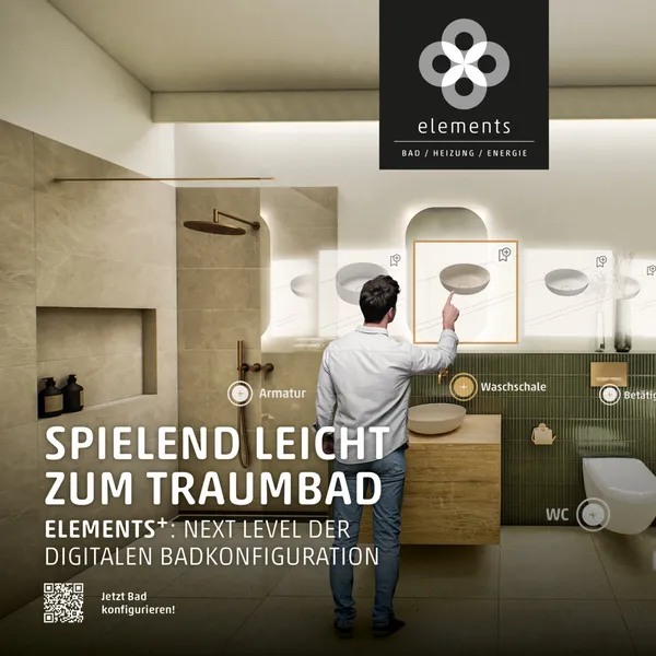 Mann plant vor dem Spiegel sein neues Bad – Werbemotiv „Spielend leicht zum Traumbad“ für ELEMENTS+