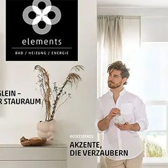Seite aus dem ELEMENTS-Trendkatalog 2025 mit Spiegelschrank und Badaccessoires