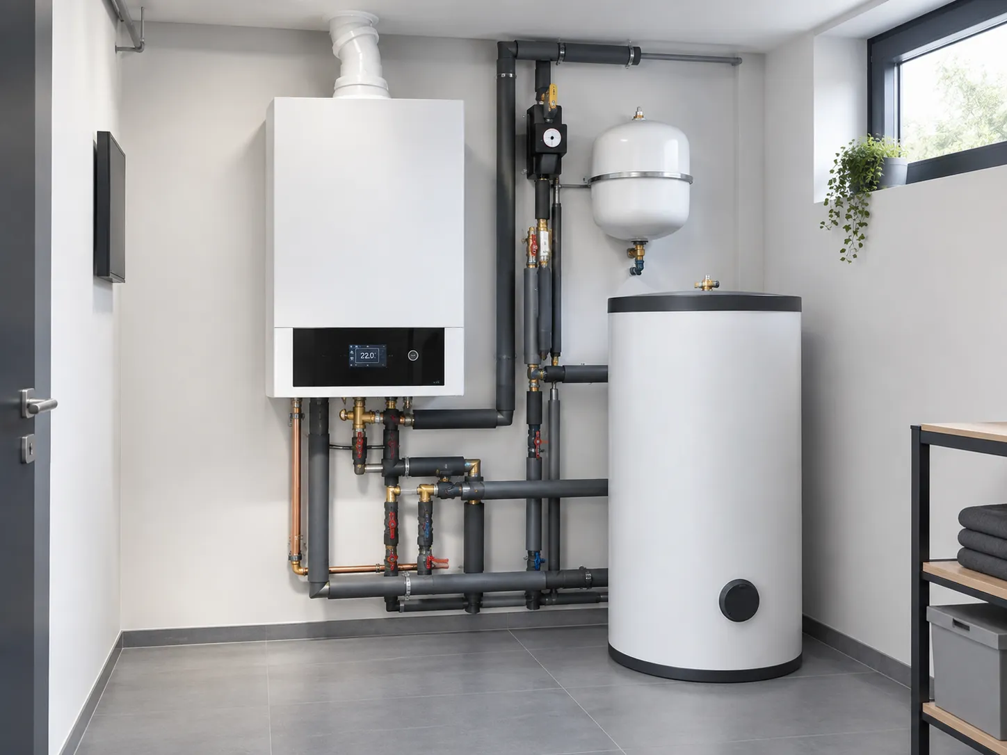 Gas-Brennwerttherme an der Wand mit Rohrleitungen, Ausdehnungsgefäß und Warmwasserspeicher im Technikraum