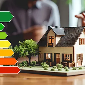Hausmodell neben einer Energieeffizienzskala von A bis G