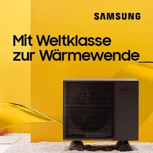 Samsung-Wärmepumpe vor gelbem Hintergrund mit dem Slogan „Mit Weltklasse zur Wärmewende“